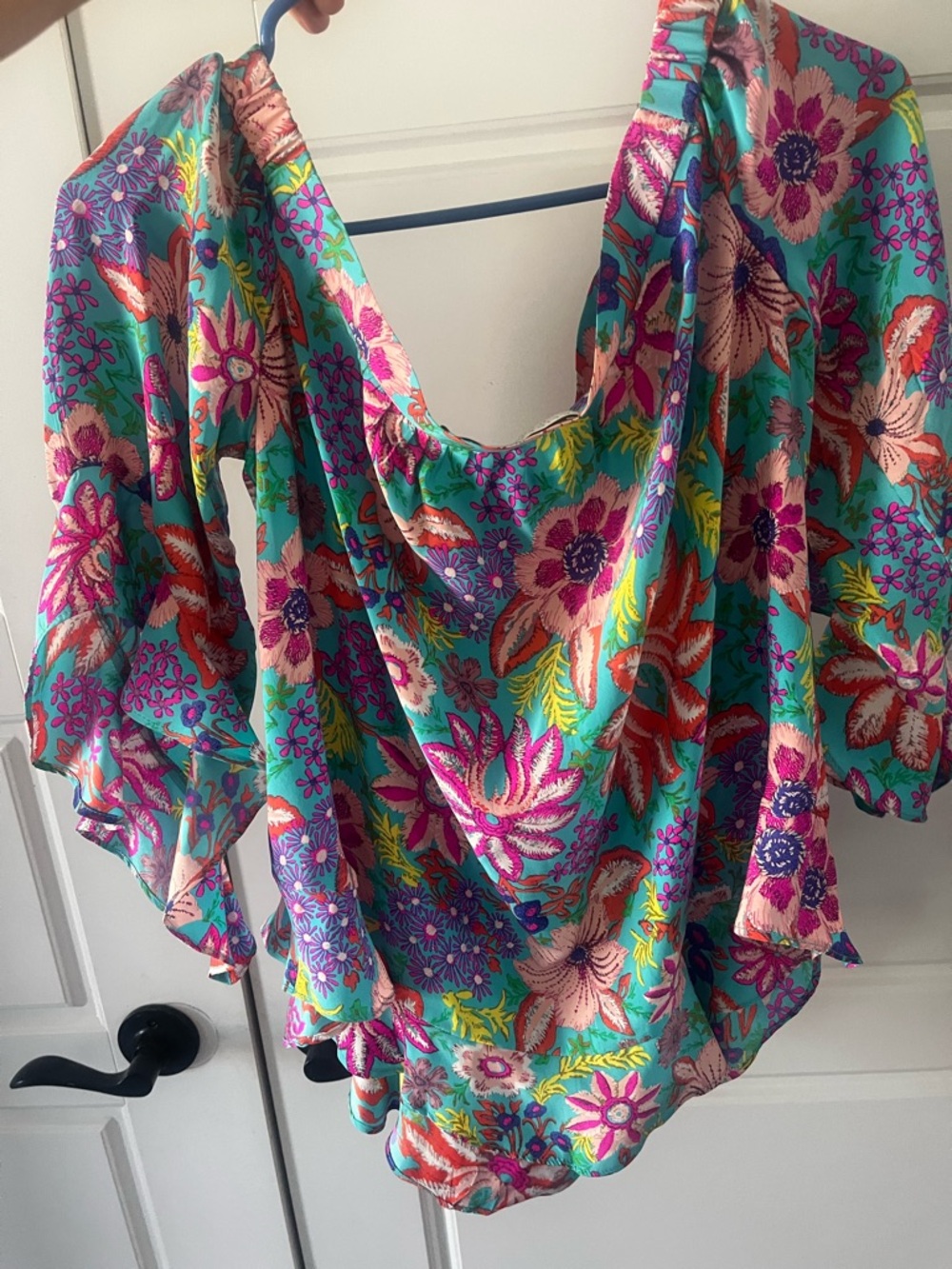 Alice & Trixie Teal Floral silk Off-Shoulder Blouse with Pink Accents